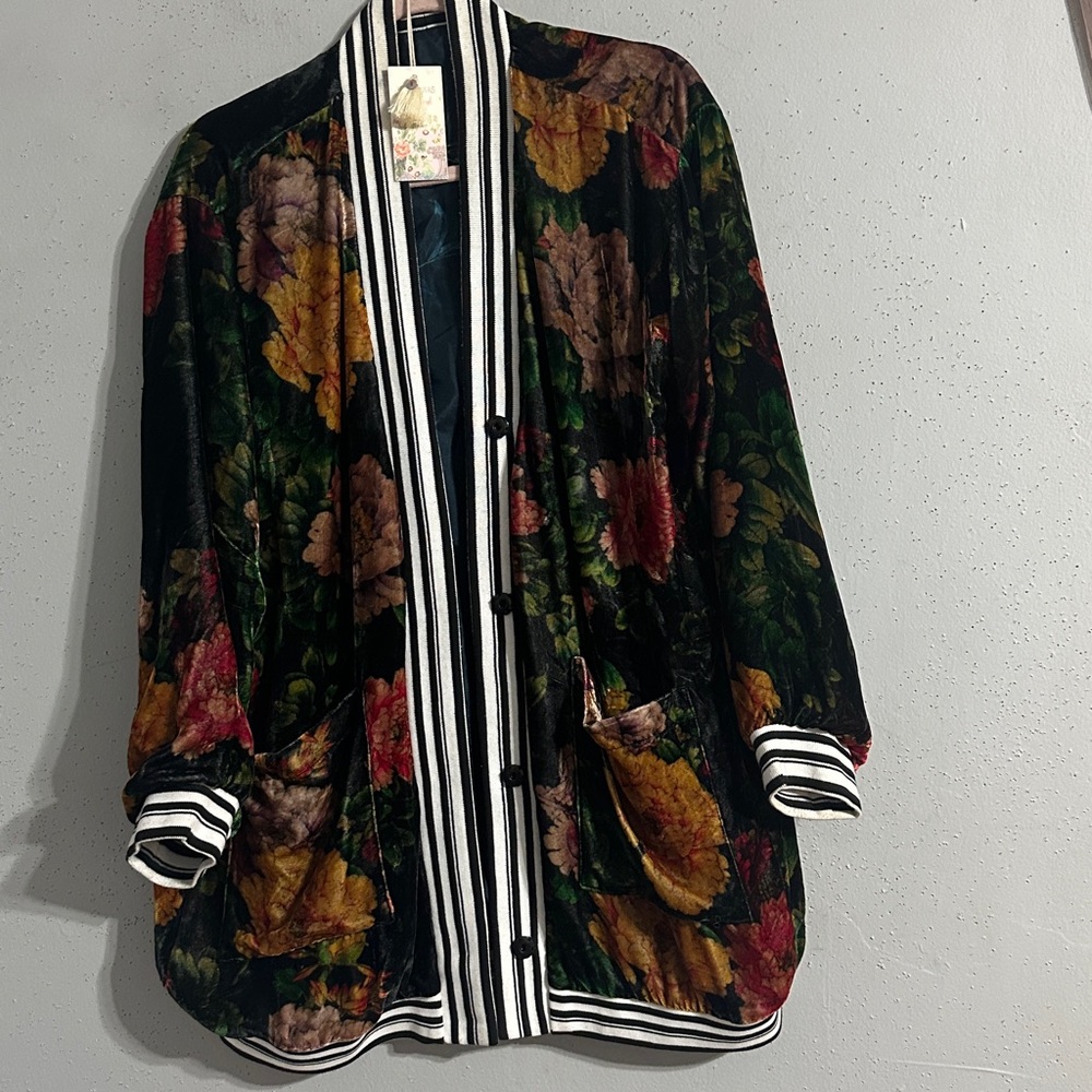 Johnny Was Nido wonderland Vest Floral Velvet Jacket with Striped Trim NWT